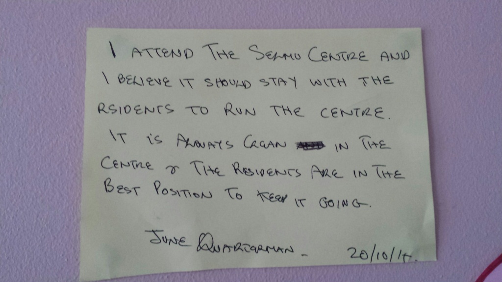 SELMO centre user posts a message of support at the SELMO  Centre, Samuda Estate, E14. October 2014